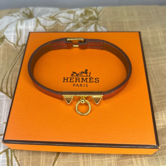 Hermes Jewelry - Authentic Hermes Rivale Leather Orange with Gold Hardware Mini Bracelet T1